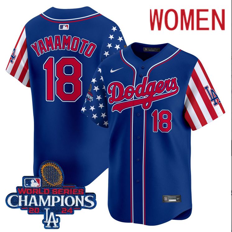 Women  MLB Los Angeles Dodgers #18 Yamamoto American Style blue 2024 World Series Champions  Limited Jersey